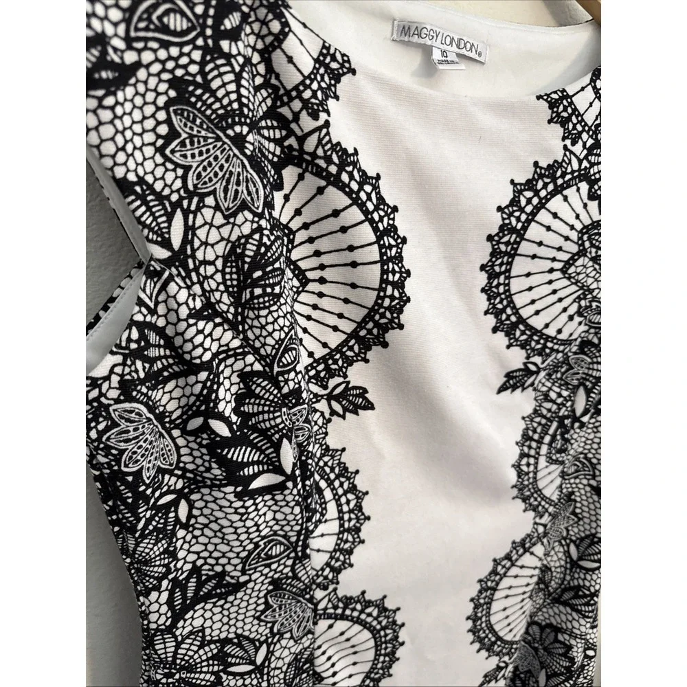 Maggy London Black and White Lace-Print Cap Sleeve Sheath Dress - Picture 2 of 11